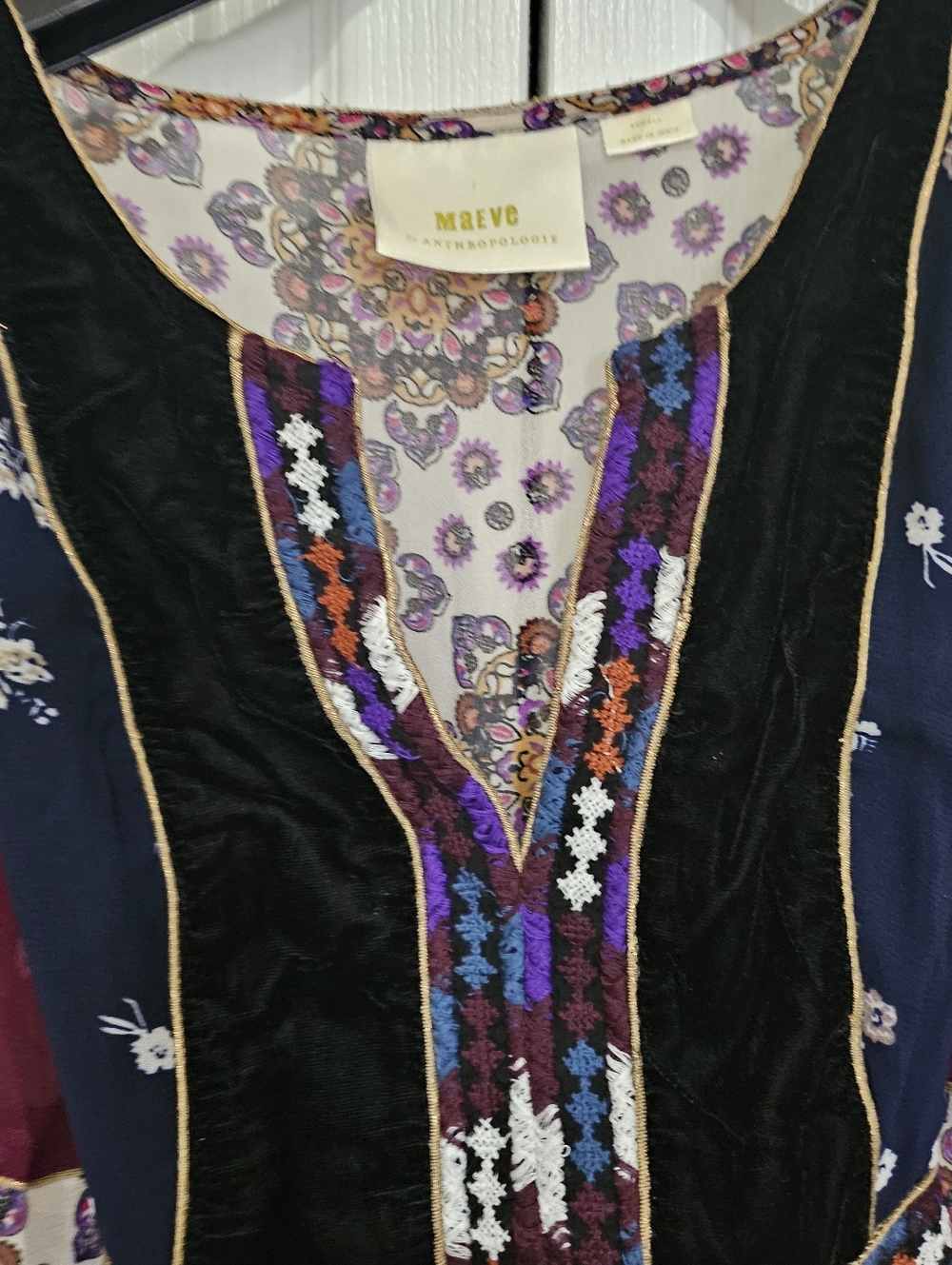 Maeve Anthropologie Dress Women Boho Floral Velvet Trim Tie XS Sheer Sleeve. - Picture 6 of 16